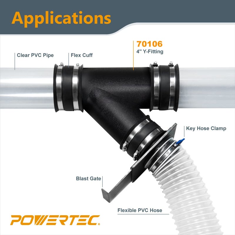 POWERTEC موصل Y POWERTEC بقطر 4 بوصة لخرطوم جمع الغبار 4"، موصلات خرطوم جمع الغبار بقطر 4 بوصة لنظام جمع الغبار، عبوة واحدة (70106) - Image 2
